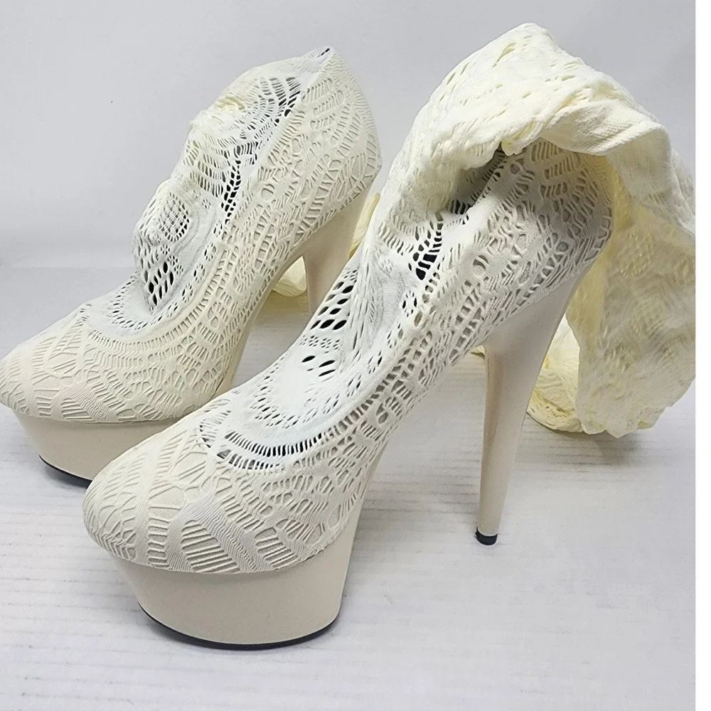 Cream‎ Lace Thigh High Stiletto Stocking Boots Platform Heels Size 6